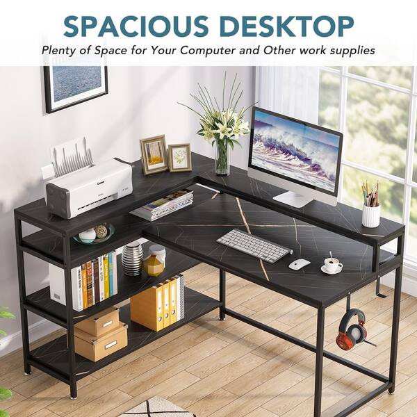 Tribesigns Reversible L Shaped Computer Desk with Storage Shelf and Monitor Stand, Black Faux Marble
