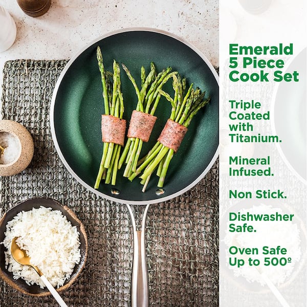 Midas Plus 9 Piece Ceramic Nonstick Cookware Set in Emerald Green, Det