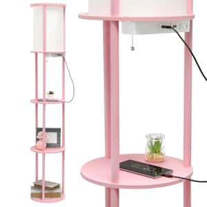 62.5 in. Light Pink Round Modern Floor Lamp Shelf Etagere Organizer Storage with 2 USB Charging Ports, 1 Charging Outlet