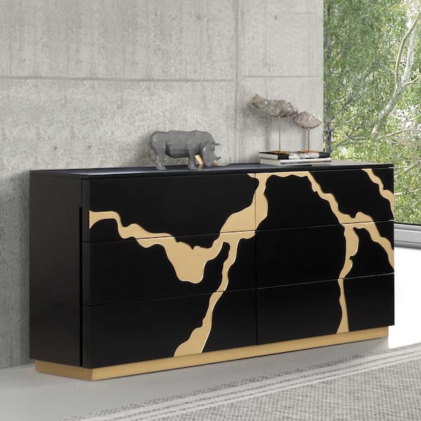 Rove Black and Gold Accents 6-Drawer 66 in. Dresser