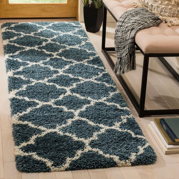 Hudson Shag Slate Blue/Ivory 2 ft. x 6 ft. Geometric Quatrefoil Runner Rug