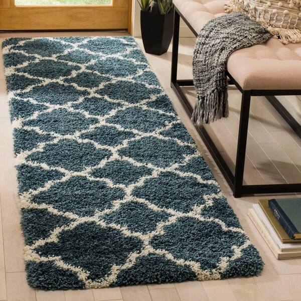 Hudson Shag Slate Blue/Ivory 2 ft. x 8 ft. Geometric Runner Rug