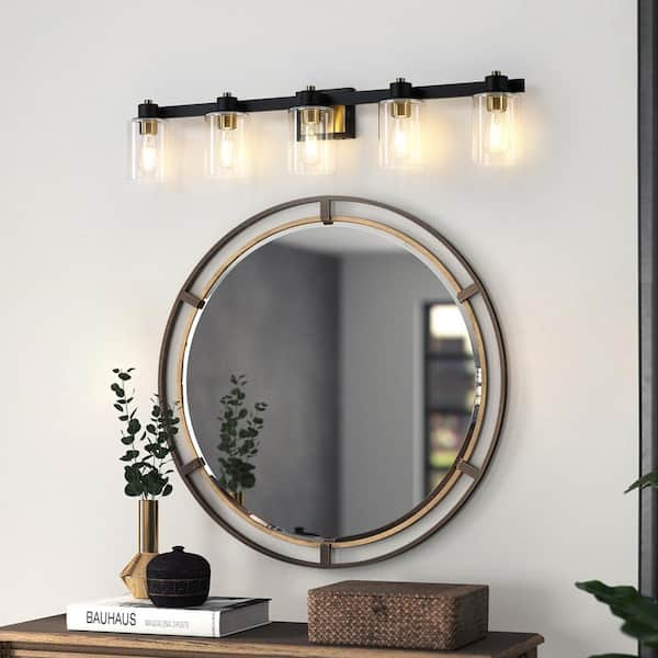 40.5 in. 5-Light Matte Black and Gold Bathroom Vanity Light with Clear Glass Shades