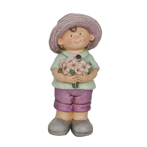 Alpine Corporation 16 in. Little Boy with Flower Statue