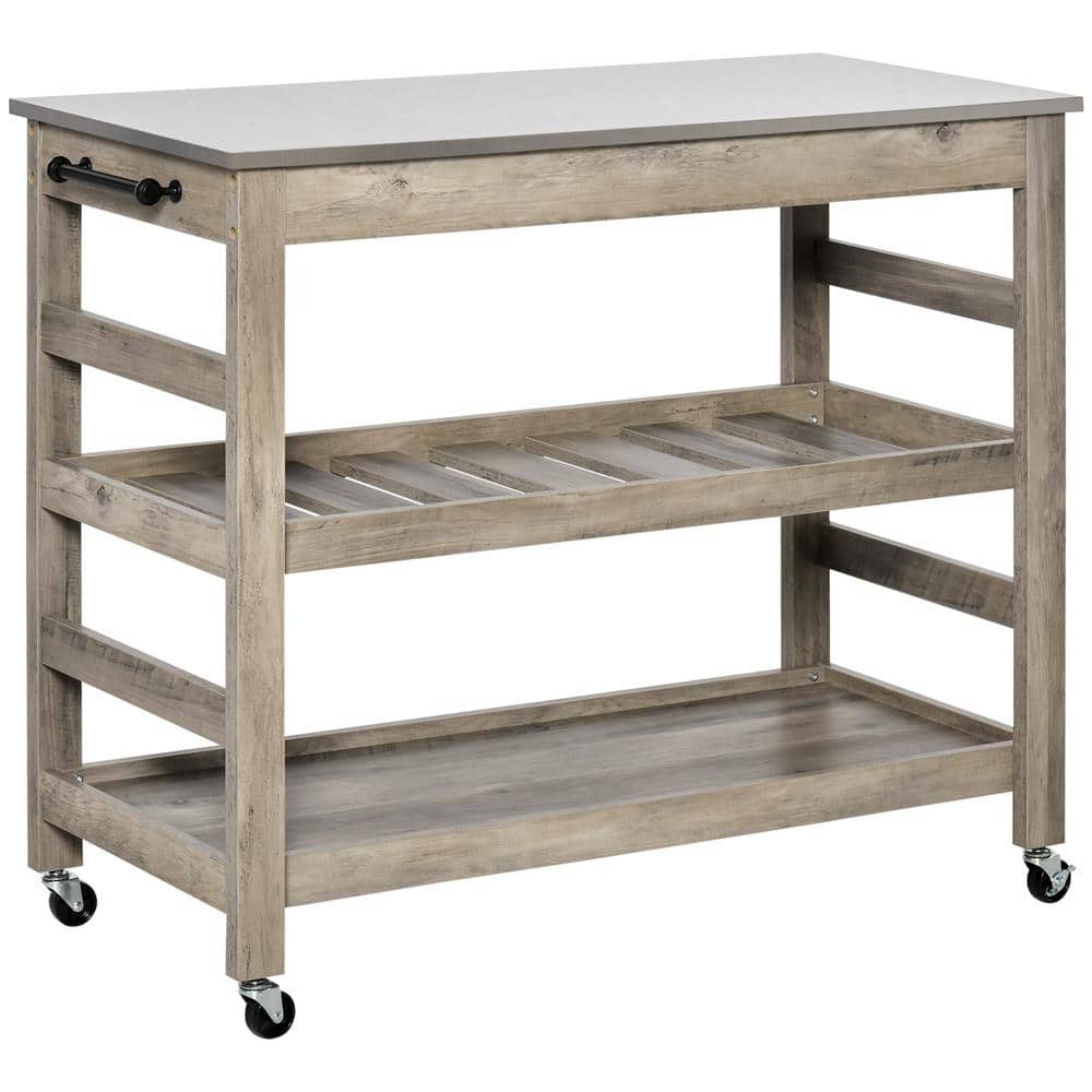 Gray Wood 42.5 in. Kitchen Cart with Stainless Steel Countertop, 1 Bottom S