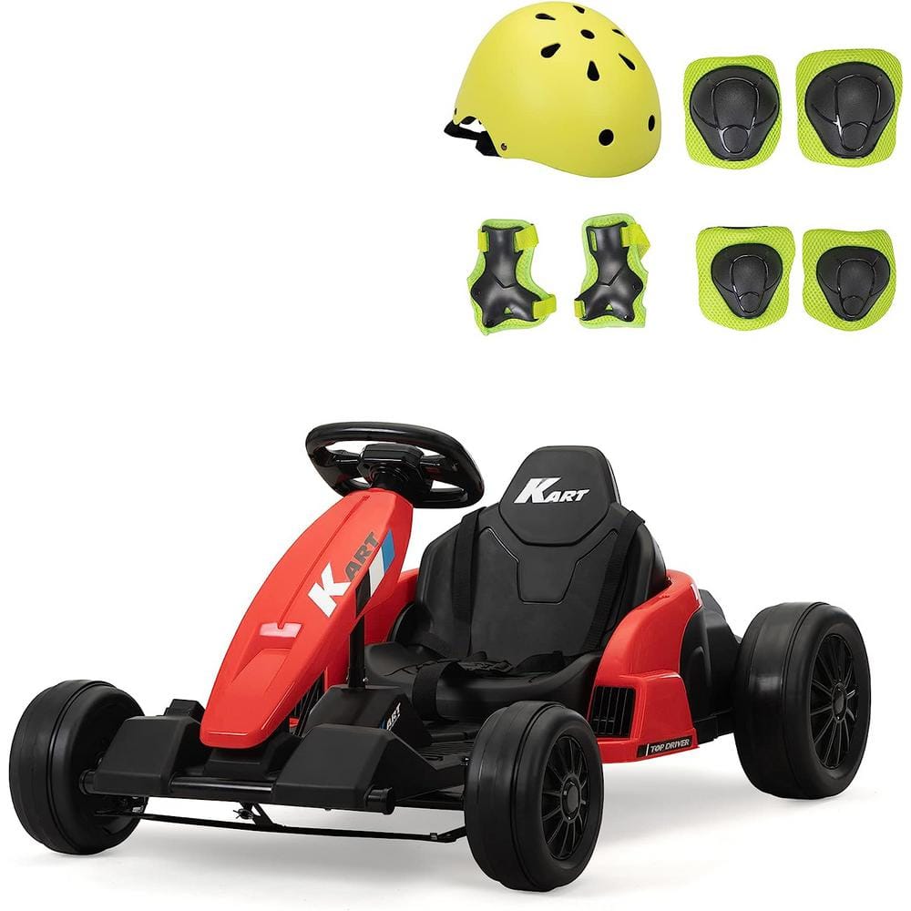 Tobbi 24V Kids Electric Ride On Drifting Go Kart w/ Helmet Pad Set Music Horn Age 4-16 Red and Black, Size: 6.5