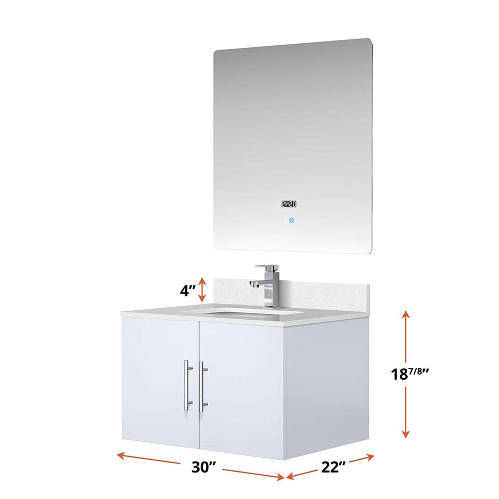 Geneva Glossy White 30" Wall-Mount Vanity with Quartz Top