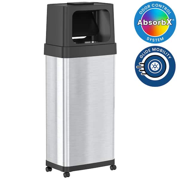 iTouchless 24 Gal. / 91 Liter Stainless Steel Push Door Household Metal Trash Can with Wheels and Odor Filter