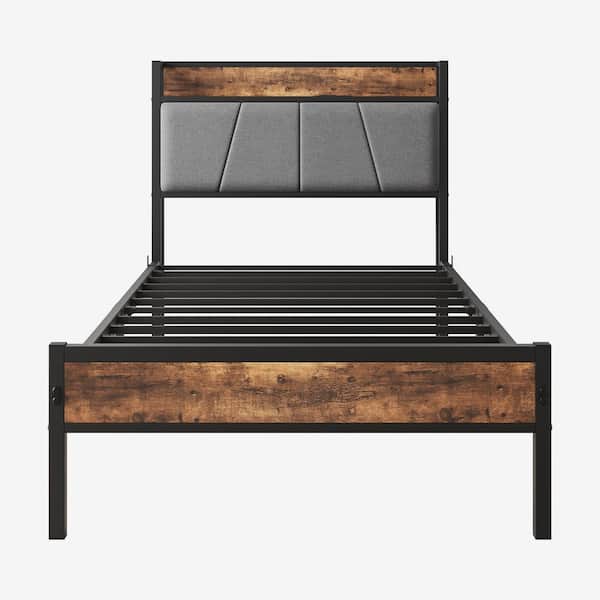 Black Metal Frame Twin Size Platform Bed with Brown, Gray Storage Headboard and Charging Station, No Box Spring Needed