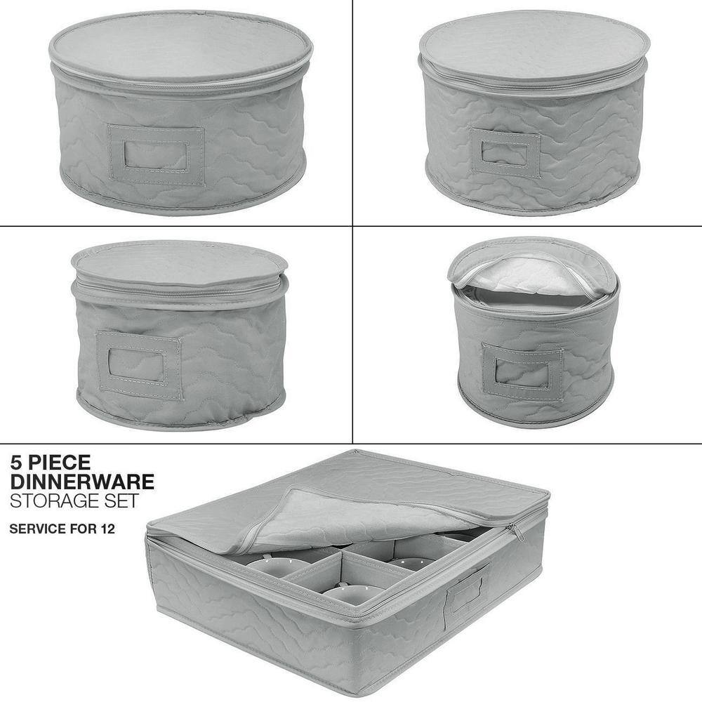 Gray Quilted 5-Piece Dinnerware Storage Set for 12