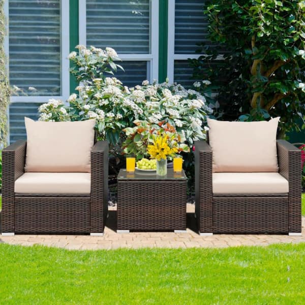 3-Piece Wicker Patio Conversation Set Rattan Furniture Set with Beige Cushions