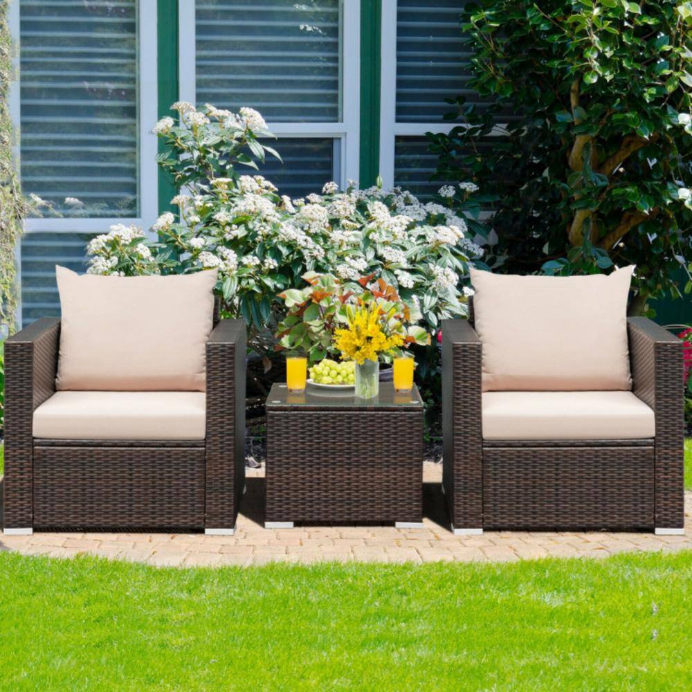 Beige 3-Piece Rattan Patio Conversation Set with Cushions