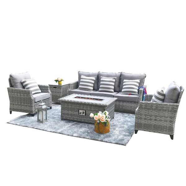 Grice 5-Piece Wicker Patio Conversation Set with Gas Fire Pit Table and Gray Cushions