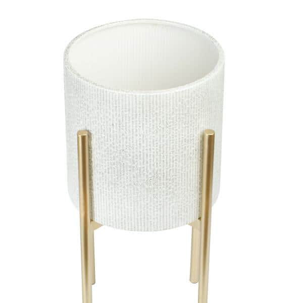 White and Gold Embossed Metal Planters with Stands, Set of 2