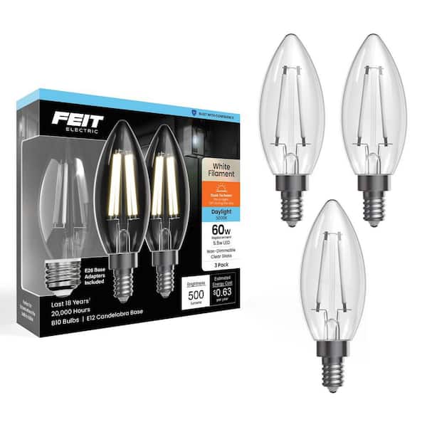 60Watt Equivalent B10 E12/E26 Dusk to Dawn White Filament Clear Chandelier Candle LED Light Bulb Daylight 5000K (3-Pack)