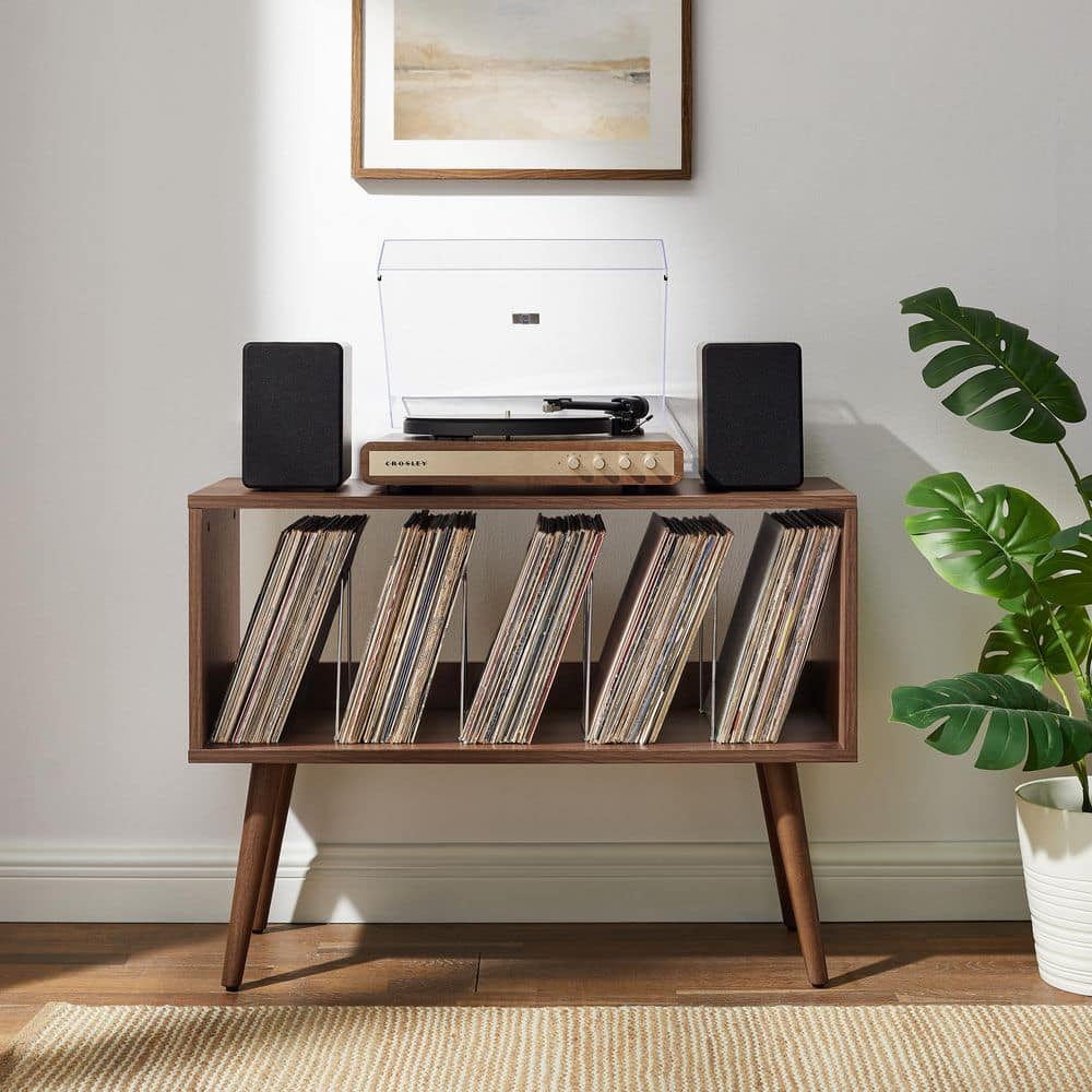 CROSLEY FURNITURE Liam Walnut Small Record Player Stand with Vinyl