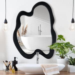 24 in. W x 32 in. H Irregular Black Wall-mounted Mirror Flannel Wrapped Wooden Frame Decorative Wavy Mirror