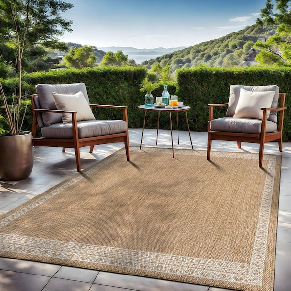 Frame Natural 10 ft. x 14 ft. Geometric Bordered Washable Indoor Outdoor Area Rug