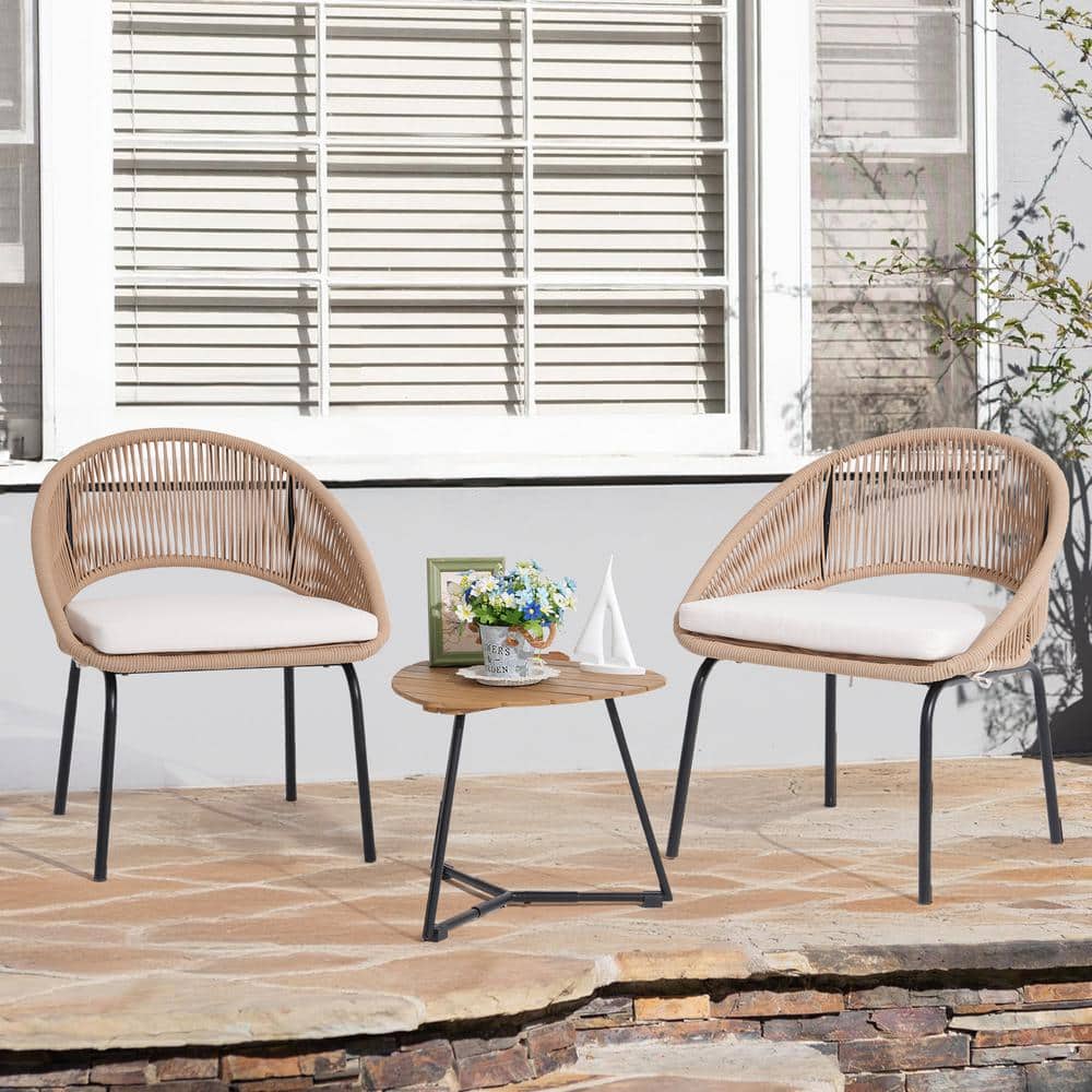 3-Piece Metal Beige Woven Rope Outdoor Bistro Set with Beige Cushions