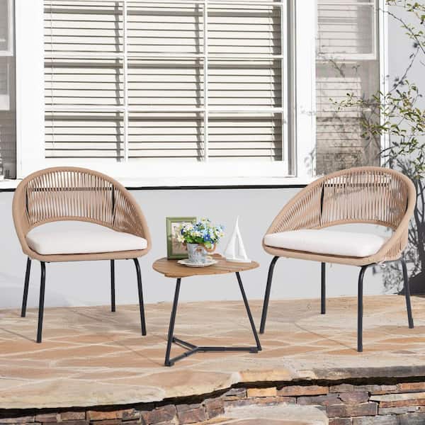 Freestyle 3-Piece Metal Beige Woven Rope Outdoor Bistro Set with Beige Cushions