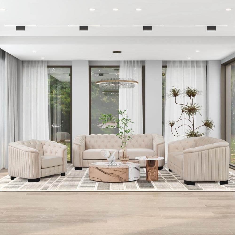 Nestfair 3Piece Beige Velvet Upholstered Living Room Set S10070A The