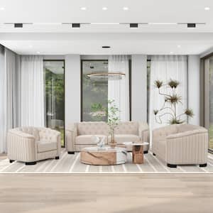 3-Piece Beige Velvet Upholstered Living Room Set