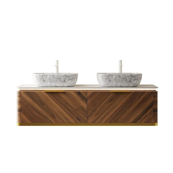 60 in. Wall-Mounted Dark Walnut Bath Vanity with Carrara White Sintered Stone Top Assembled
