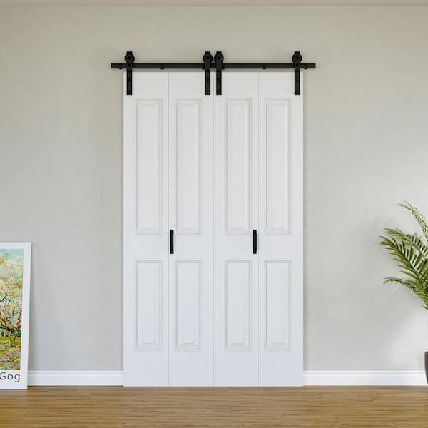 48 in. x 84 in. Paneled 4-Lite White Primed Hollow Core MDF Composite Bi-fold Door with Bifold Barn Door Hardware