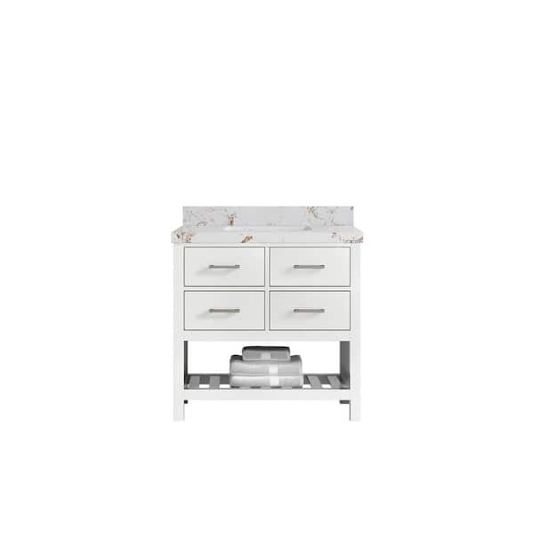 Willow Collections Parker 36 in. Single Sink Freestanding White Bath Vanity with Viola Gold Quartz Top Unassembled