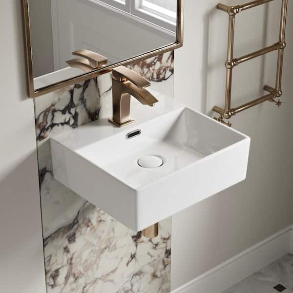 Los Flexi 16 in. x 14 in. Wall Mounted Vessel Sink with Overflow, White Rectangular Ceramic Sink with One Faucet Hole