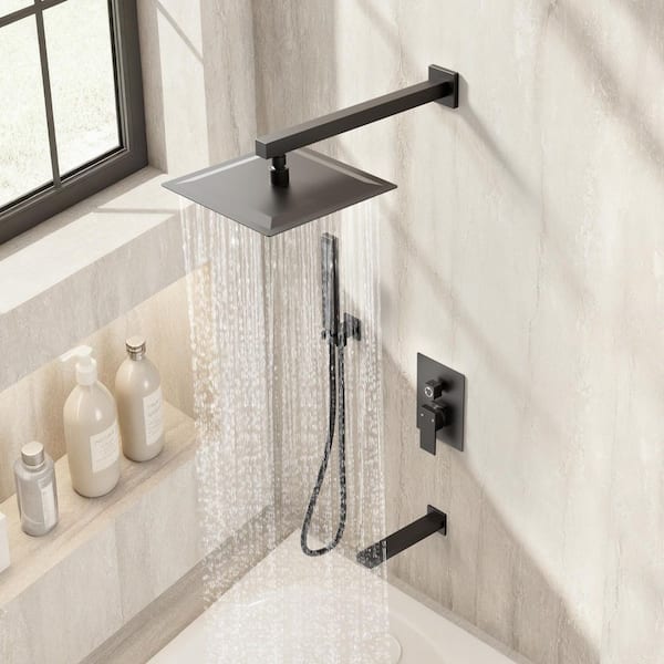 Dual Handles 3-Spray 10 in. Wall Mount 2.5 GPM Shower Head Tub and Shower Faucet in Matte Black (Valve Included)