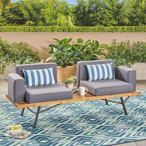 2 Seater Acacia Wood Outdoor Patio Loveseat Furniture Set with Gray Cushions for Patio Garden Backyard