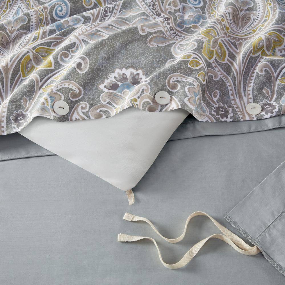 Elegant Grey Damask 5-Piece Cotton Duvet Cover Set