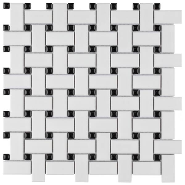 Merola Tile Metro Basketweave Matte White with Black Dot 11-3/4 in. x 11-3/4 in. Porcelain Mosaic Tile (19.58 sq. ft./Case)