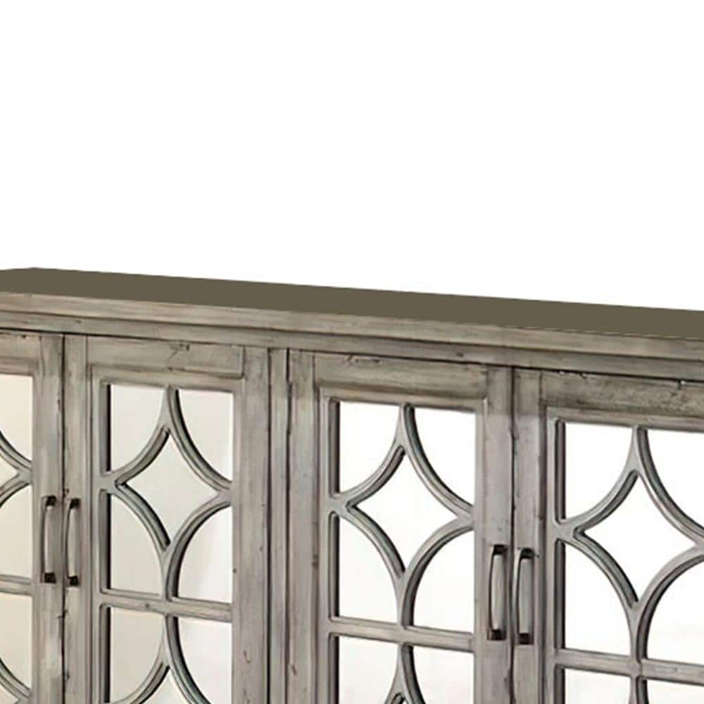 Velika Weathered Gray Wooden Console Table with Mirrored Doors
