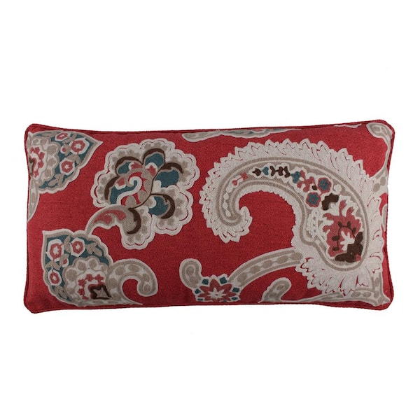 LEVTEX HOME Astrid Burgundy Red, Blue, Taupe, Cream Embroidered Paisley 24 in. x 12 in. Throw Pillow