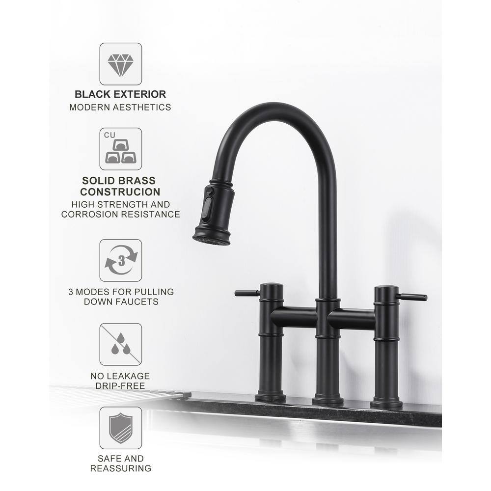 Matte Black Double Handle Bridge Kitchen Faucet with Pull-Out Spray