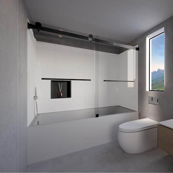 NuVo Winter White-Tetherow 60 in. L x 30 in. W x 83 in. H Rectangular Tub/ Shower Combo Unit in Matte Black Left Drain