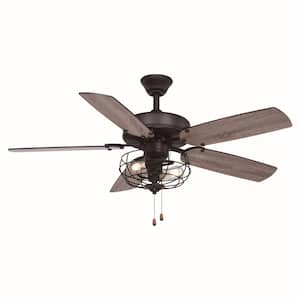 Reed 48 in. Indoor Matte Black Farmhouse Ceiling Fan with LED Cage Light Kit and Pull Chains