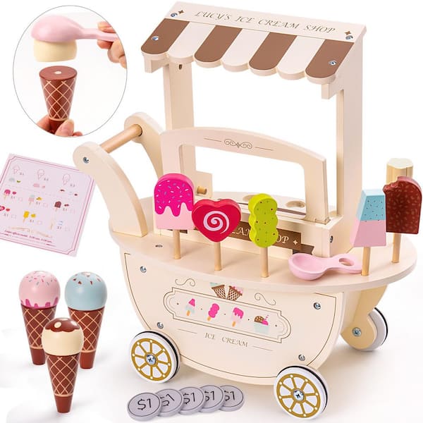 Miscool Wood Ice Cream Cart Toy Playset for Toddlers, Gift for Boys Girls