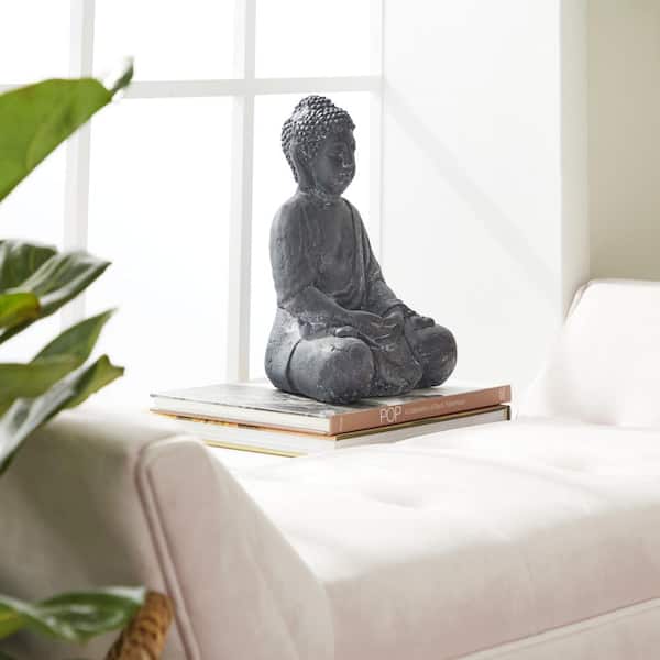 Gray Ceramic Meditating Buddha Sculpture with Engraved Carvings and Relief Detailing