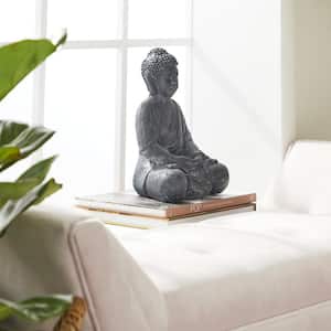 Gray Ceramic Meditating Buddha Sculpture with Engraved Carvings and Relief Detailing