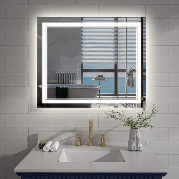 30 in. W x 36 in. H Rectangular Frameless Crystal Clear Wall-Mounted LED Bathroom Vanity Mirror in White