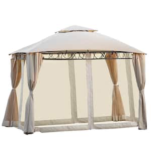 11.8 ft. x 10.6 ft. Beige Double Tiered Grill Canopy Outdoor BBQ Gazebo