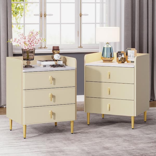 BYBLIGHT Fenley Dark Beige 3-Drawer Nightstand, Modern Bedside Table with PU Leather and Faux Marble Top