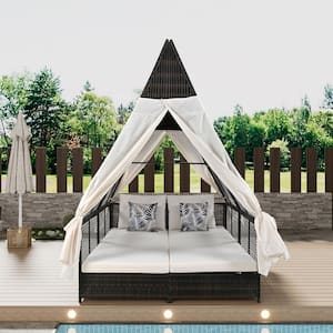 Wicker Outdoor Day Bed Patio Double Chaise Lounge with Adjustable Backrest, Curtain, Cream Cushion and 4 Pillows