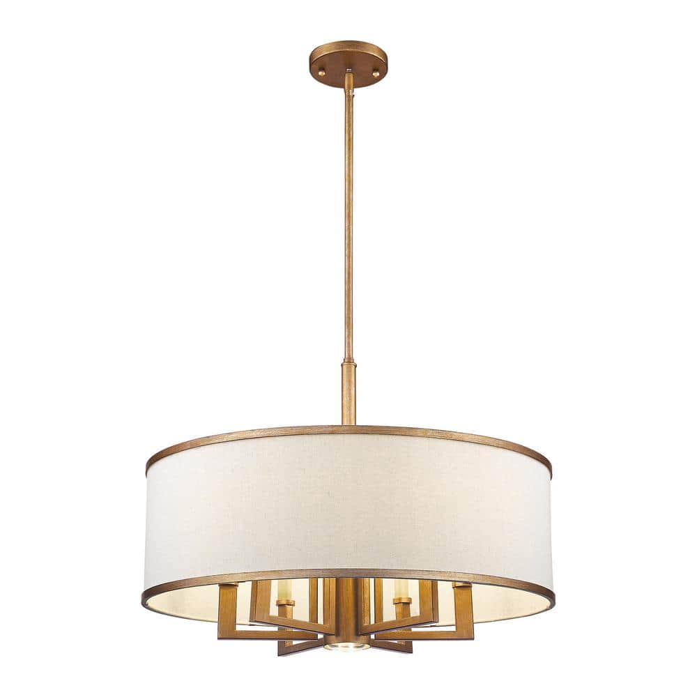 Antique Gold Leaf 6-Light Drum Chandelier with Linen Shade