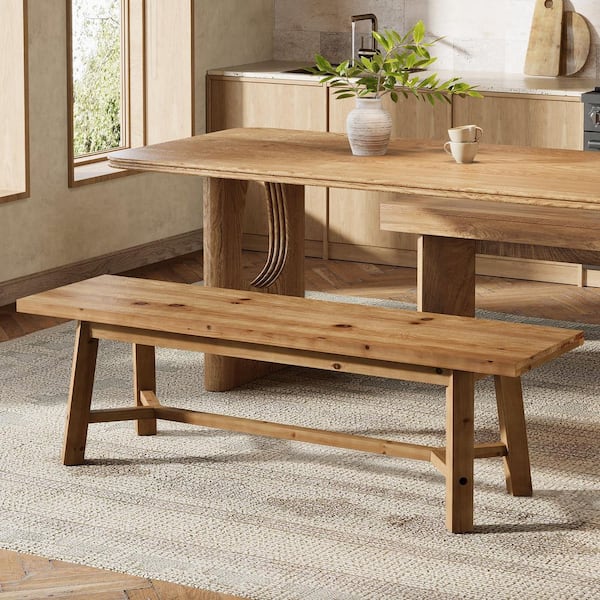 55 in. Brown Solid Wood Dining Bench, Farmhouse Indoor Bench for Dining Room, Entryway