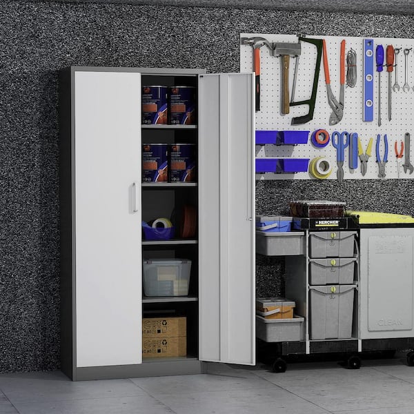 Stack-On Garage Cabinet Set, Black: 2 Wall Cabinets, Base Cabinet w/Drawers, Bottom Cabinet w/Shelves, 2 Tall Cabinets