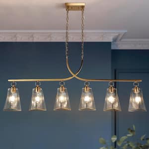 Sduiaor 54.3 in. 6-Light Transitional Brass Linear Chandelier with Textured Glass Shades, No Bulb Included